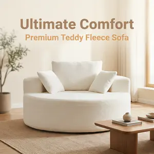 Cozy Accent Chair with Pillows Full Compressed Round Chaise Sofa Large Circle Boneless for Living Rooms Lounges Nurseries and Projection Rooms No Assembly Required Luxury Teddy Fleece Upholstery
