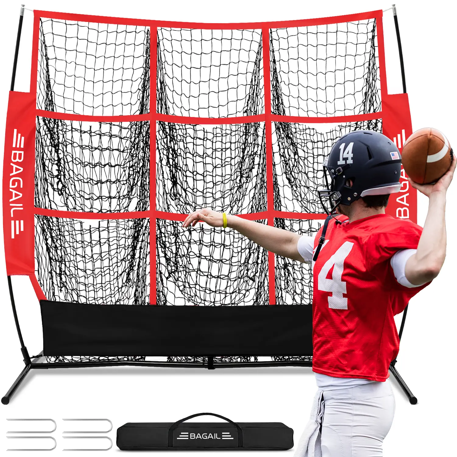 【BackToSchool】BAGAIL Football Throwing Net -  9 Target Pockets, Easy Setup, Heavy-Duty - Portable QB Accuracy Trainer, Fun Target Practice Net for Football with Carry Bag