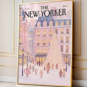 (No Frame) Vintage Pink NYC New Yorker Magazine Cover Poster, Pink Christmas Holiday Art Print, Aesthetic Pink New Yorker Print Trendy