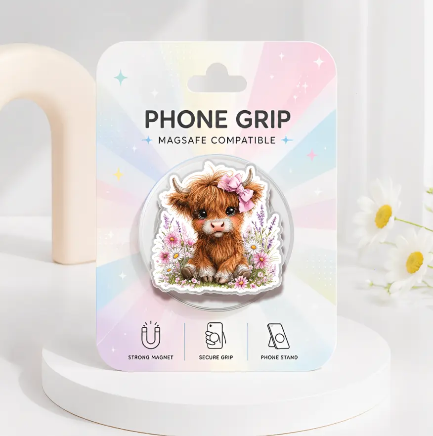 Vintage Highland Cow MagSafe Phone Grip, Floral Farmhouse Phone Holder, Cute Highland Cow Phone Accessories, Kawaii Cow Kindle Grip, Gift for Her