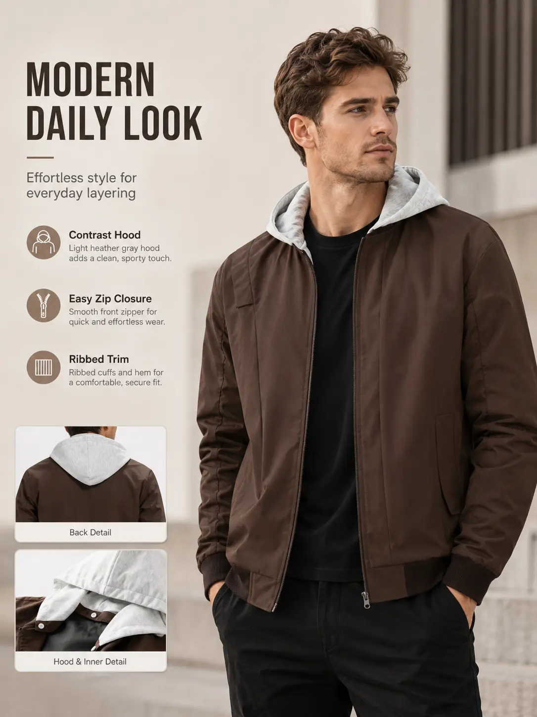 Men's Classic Casual Aviator Jacket with Detachable Hood, Lightweight Windproof Polyester Streetwear with Ruched Sleeves