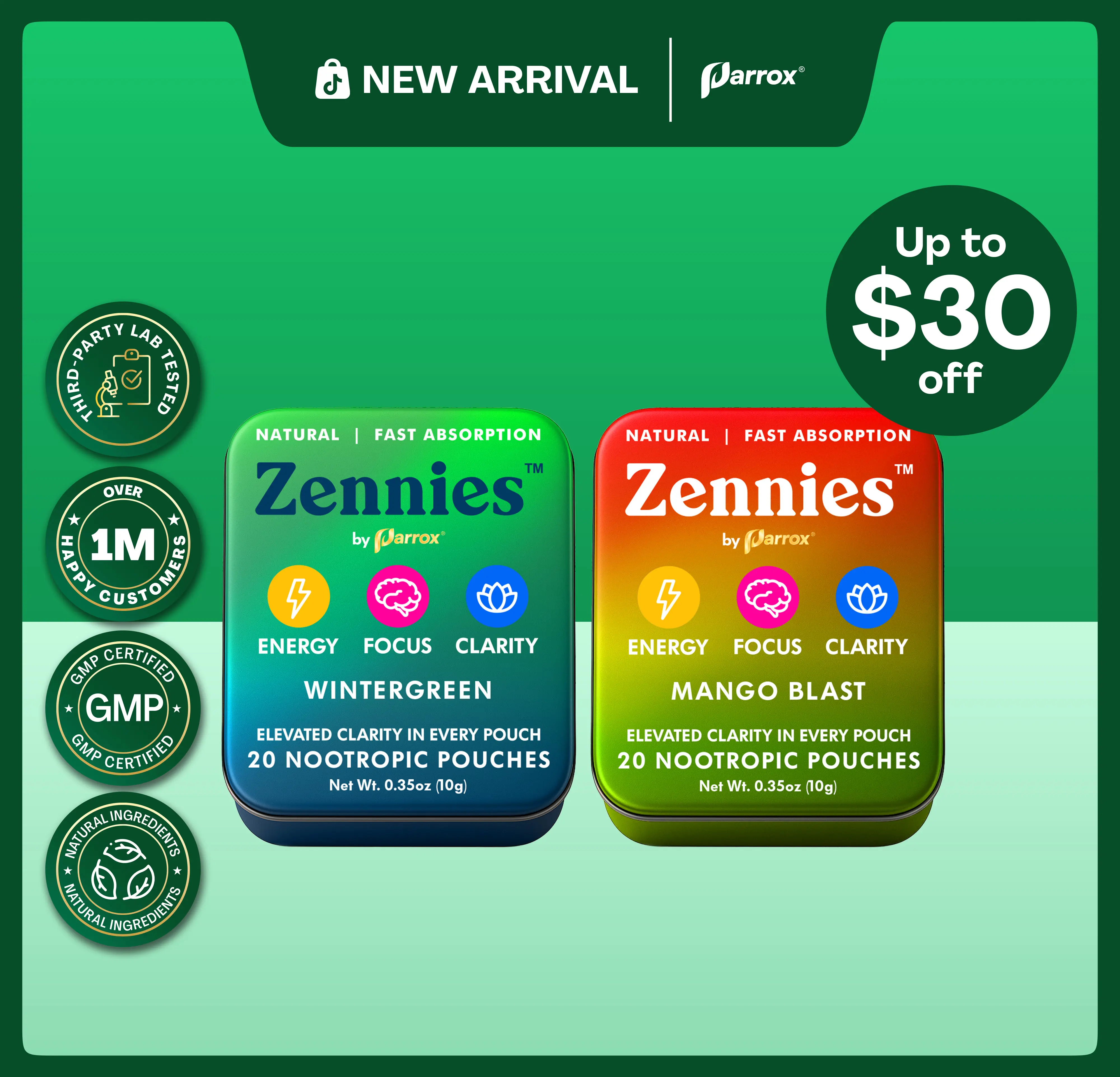 Frost & Fruit Set - Zennies by Parrox - Caffeine Nootropic Pouches (Wintergreen & Mango Blast Flavor) - No Nicotine, No Sugar, & All Natural - Fast Absorption for Energy, Focus, & Clarity - (Pack of 2)