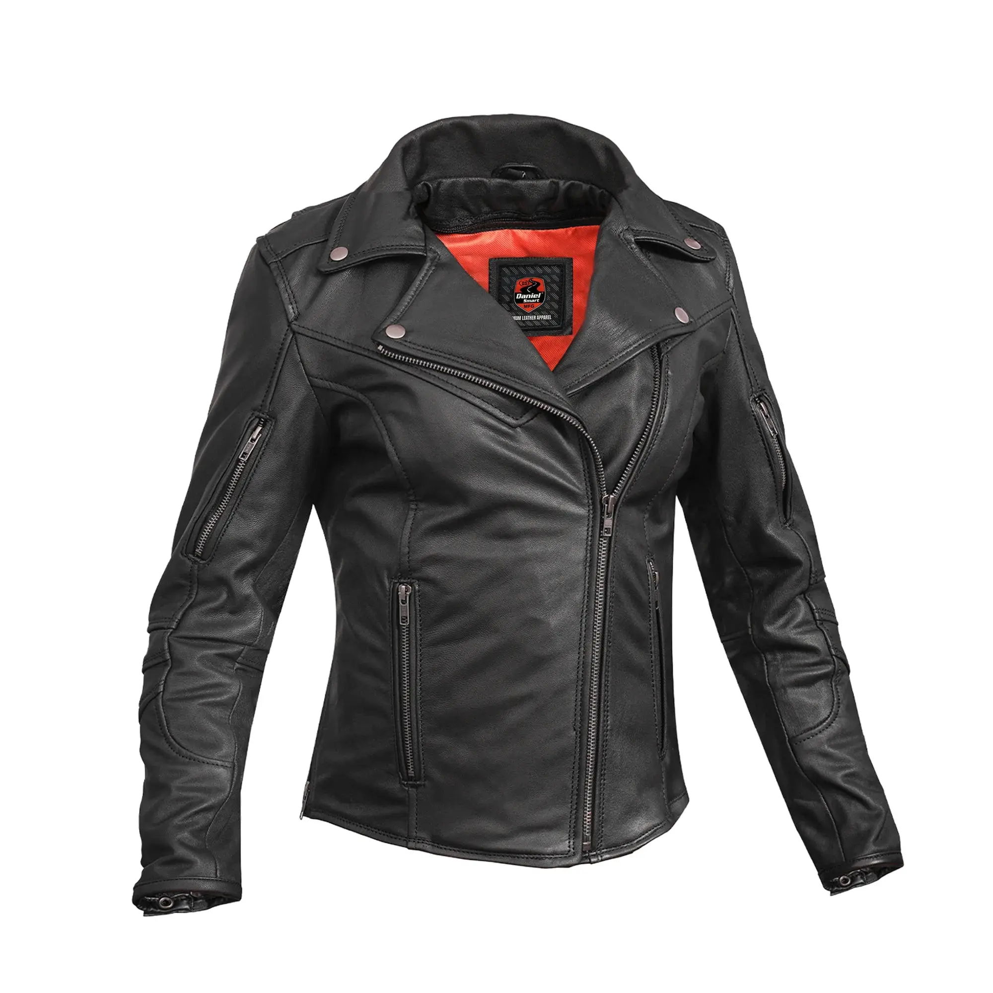 DANIEL SMART Lady's Fitted Scarlet Fury Long Sleeve Real Leather Motorcycle Coat - Soft, Reflective, with Functional Sleeves and Zippers, Stylish Women's Coats
