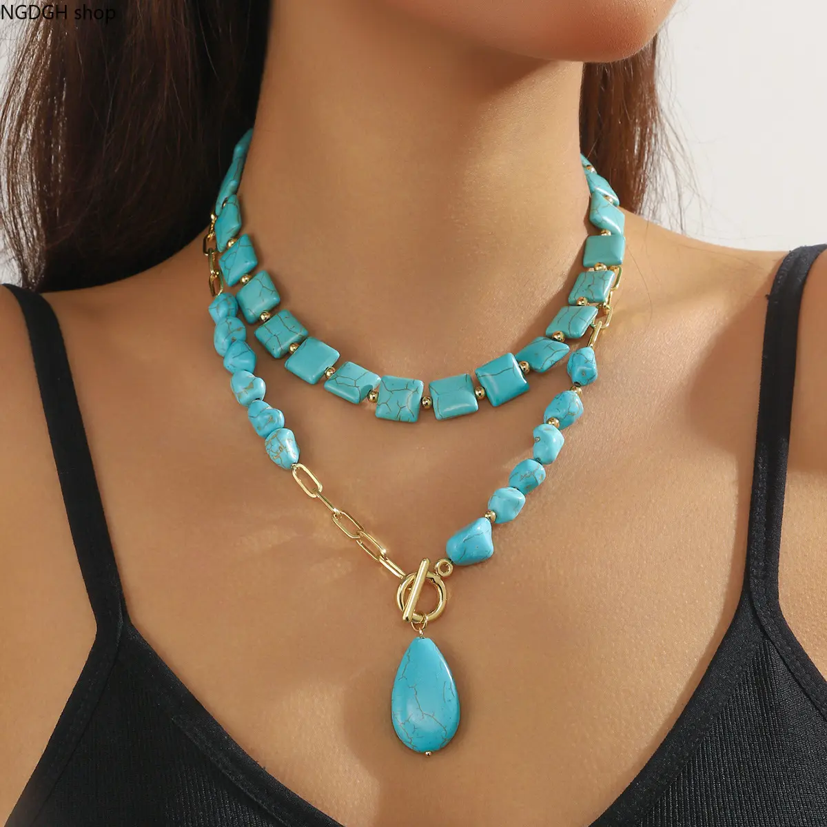 Women's Boho Teardrop Necklace with a Large Crackled Turquoise Stone, Adjustable Silver Beaded Chain for Western & Festival Looks, Turquoise Jewelry, Adjustable Size, Boho Western, Crackled Stone, Festival Outfits, Western Stuff