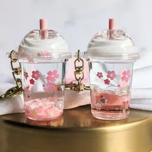 Cherry Blossom Drink Keychain, Pink Sakura Liquid Key Chain, Floral Glitter Shaker Key Ring, Flower Bag Charm, Spring Pearl Gold Accessory cute keychain