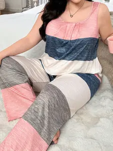 Women's Plus Size Patchwork Striped Print Casual Sleeveless Vest Long Pants Sleepwear Set, Super Comfortable Outer Wear Home Clothing Pajama Set Loungewear, Pj Sets, Womenswear, Pyjamas