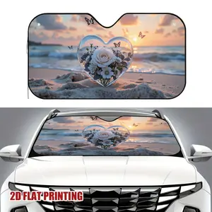 1pc 2D flat pring Four Seasons Windshield Sunshade for Car Heart Rose 100% polyester Temperature reduction effect reflective essential for outdoor travel, Car Accessories