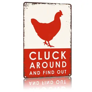 Cluck Around and Find Out Metal Sign 8x12 Chicken Themed Humorous Farm Sign Aluminum Wall Decor for Home Restaurant Kitchen Bar Cafe Pub Farmhouse Garden Bathroom Garage Durable Rust Resistant