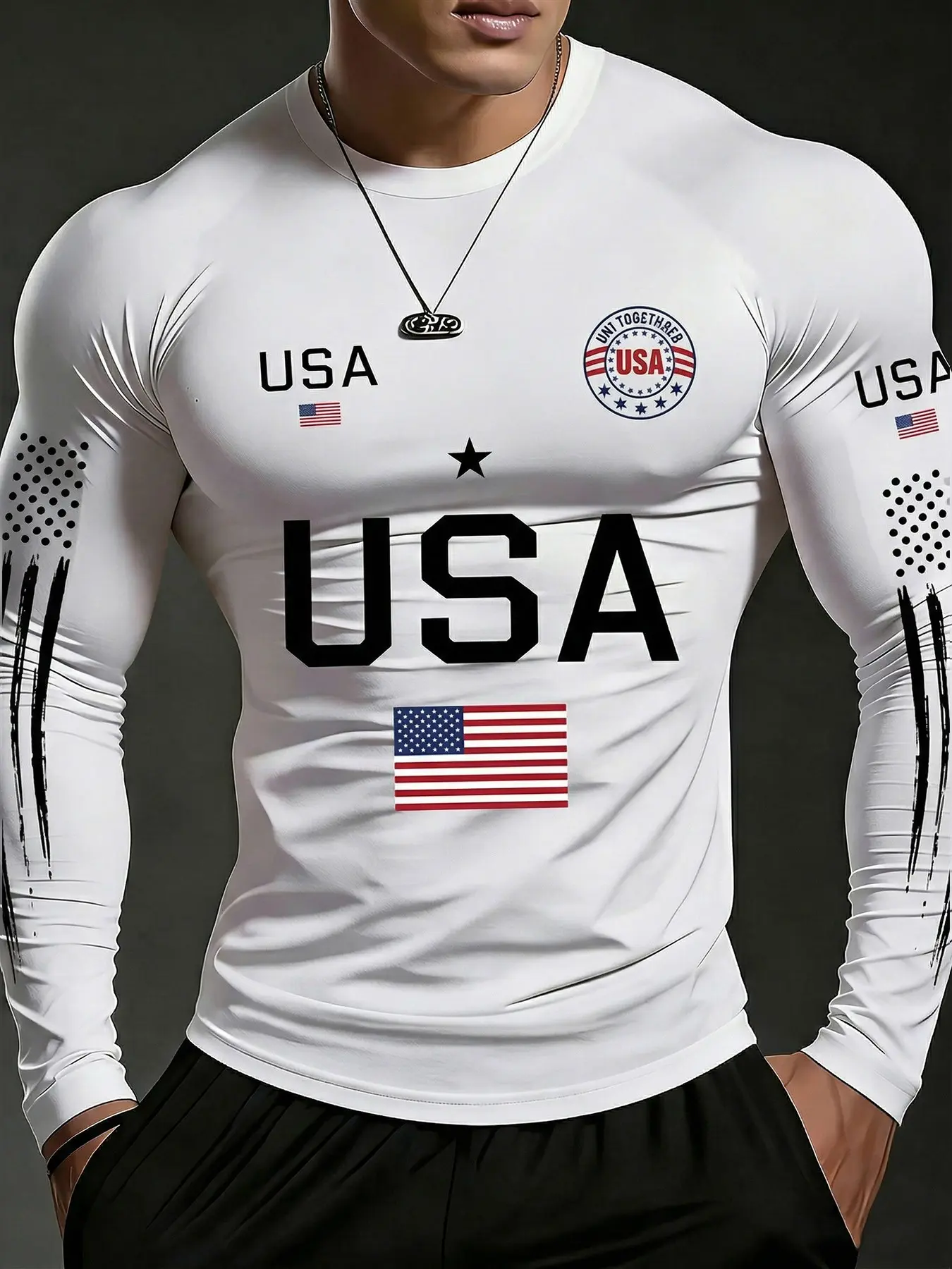 Men's Usa Flag Letter Print Fitted Long Sleeve T-Shirt, High Stretch Quick-Dry Fitness Training Top, Patriotic American Sports Shirt, Athletic Tops, Fitness Shirts, Fitness Apparel