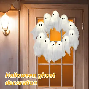 Halloween Ghost Wreath with Lights - Cute Spooky Garland Hanging Decor for Door Party & Outdoor 32x32x5cm White 11 Little Ghosts