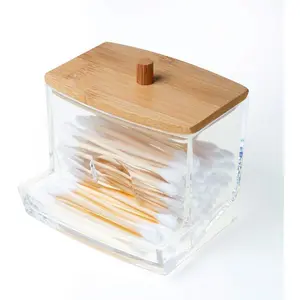 Clear Acrylic Q-Tip Holder with Bamboo Lid - Square Dispenser for Cotton Swabs, Toothpicks & Bathroom Storage
