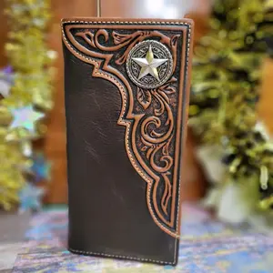 SheriffStar Western Genuine Leather Wallet Handtooled Bi-Fold 7 Inches Long with Credit Card Slots, Cash Compartments & Back Pocket brown and tan Exquisite Cardholder