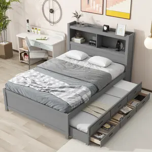 [Bellemave]Full Size platform bed with trundle, drawers and USB plugs, Gray