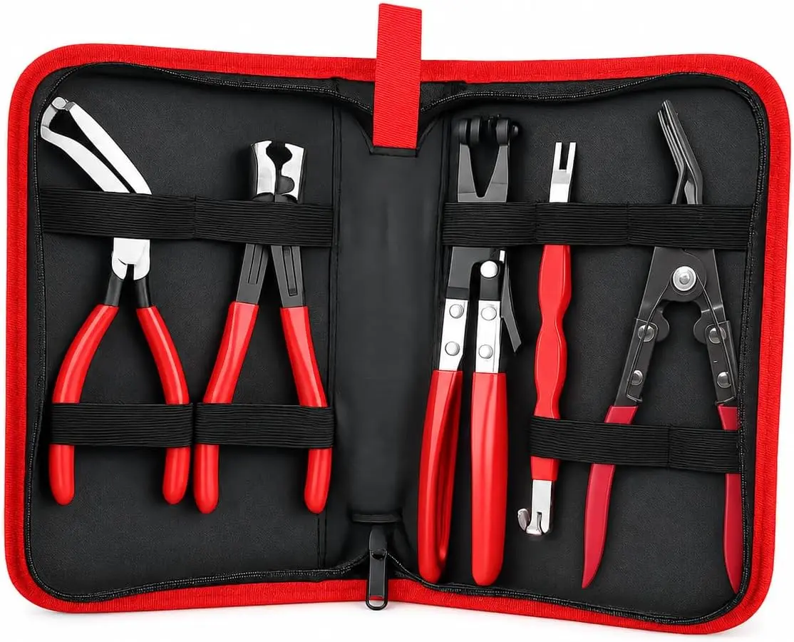 Automotive repair tool set including a straight-handle hose clamp, bent-head wire clip, pry bar, light socket removal pliers, and arc pliers.