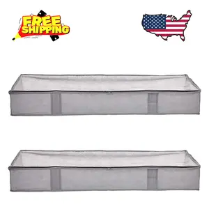 Under Bed Fabric Zipper Blanket Storage Container Bags with Window and Handles, 2-Pack, 18 x 42 x 6 inches, Gray
