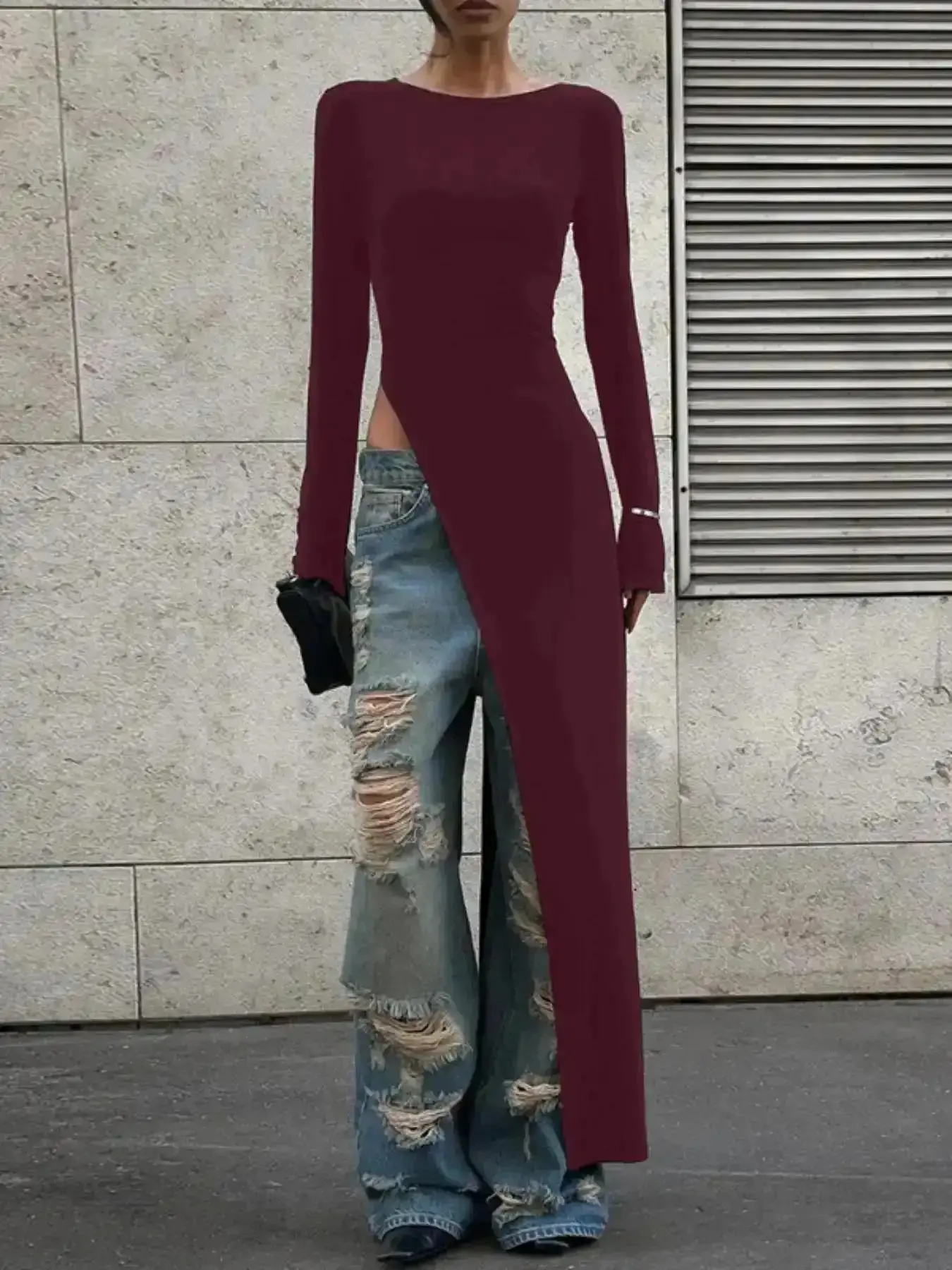 2026 Women's Plain Asymmetrical Split Hem Longline Top, Elegant Casual Slim Fit Long Sleeve for Spring & Fall, Clothing Daily Wear, Trendy, Timeless, Everyday, Going Out, Loungewear Style, Power Outfit