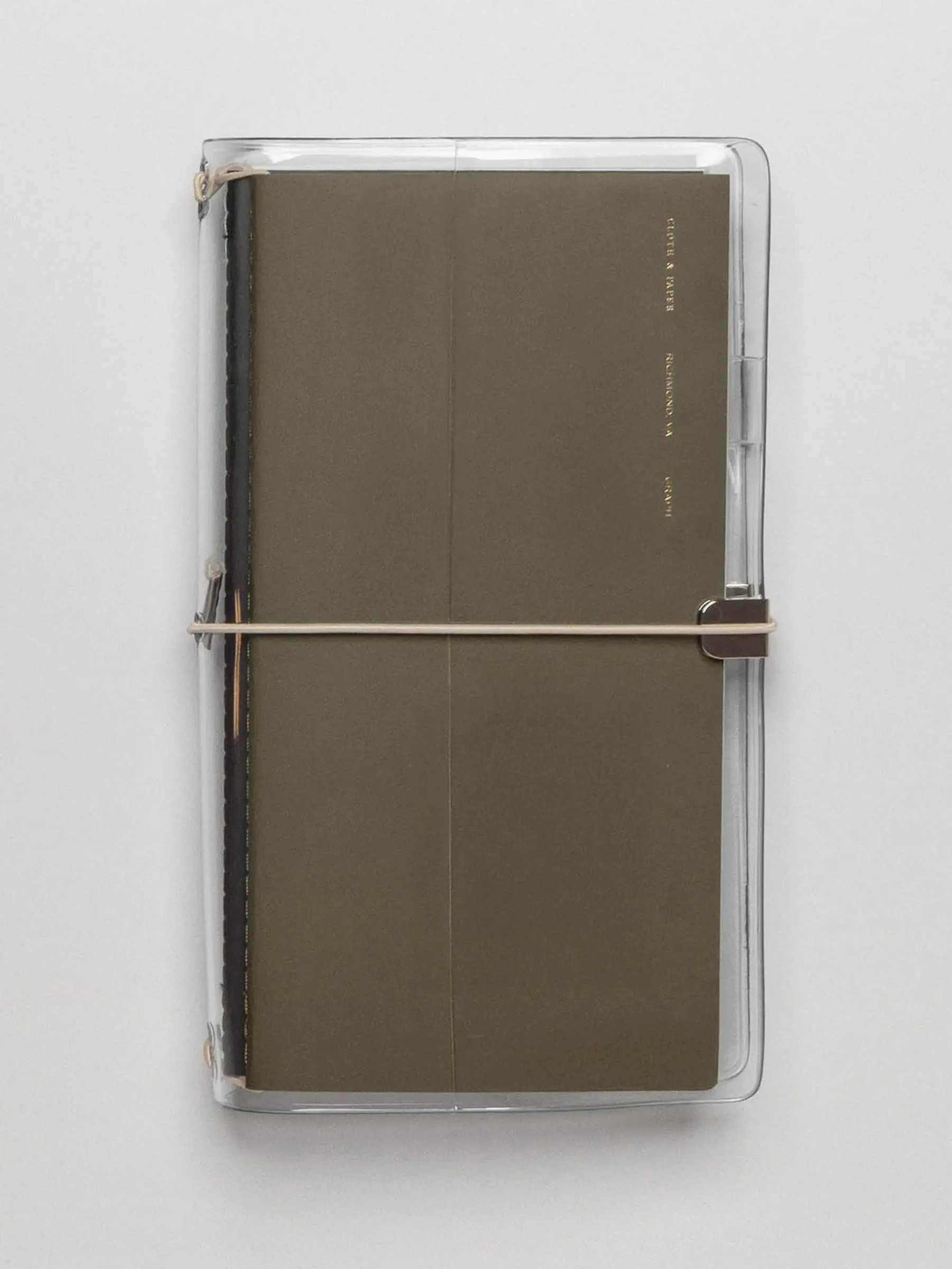 A5 Slim Size | Cloth & Paper Clear Vinyl Travel Notebook Cover | 5 1/8" x 8 3/4" | Transparent Planner Cover with Elastic Binding for 4 Refills | Clear Notebook Cover for Planners – Beige Bungee Closure
