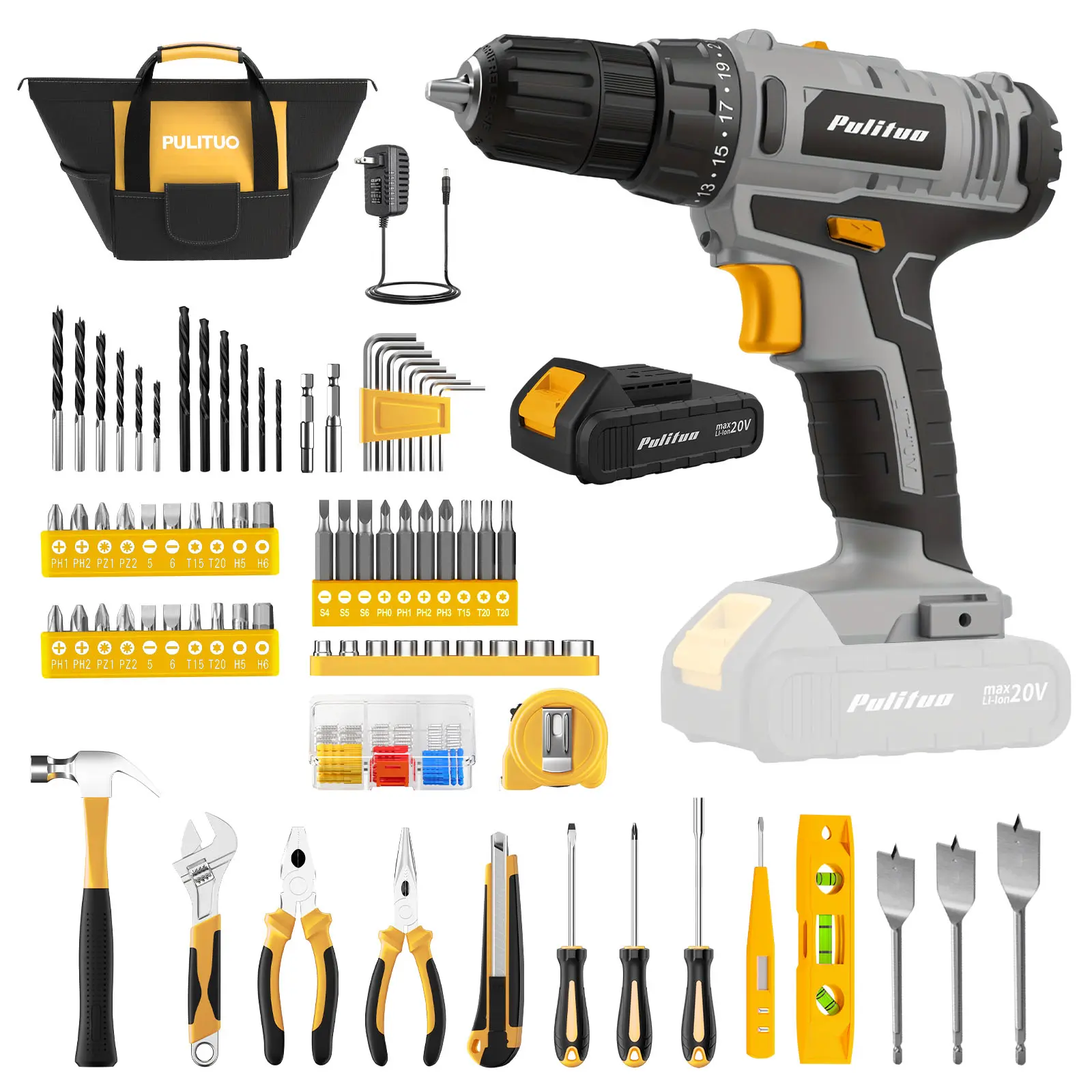 【FathersDayGift】Pulituo 20V Cordless Drill Set, 21+1 Torque Home Tool Kit, 2-Speed Keyless 3/8" Chuck Drill with LED Light, Unisex DIY Power Tool for Fence Installation & Furniture Assembly