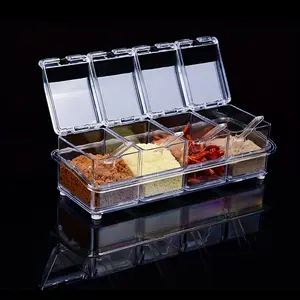 4-Piece Kitchen Seasoning Box Set. Multi-compartment transparent design with lid, moisture-proof & dustproof. Ideal for salt, sugar, spices. Must-have kitchen essential for apartments. Spice Storage Container