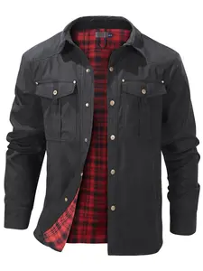 Men's Snap Plaid Flannel Lined Shirts Jackets Commuter Fashion Casual Solid Color Lapel Cargo Coat