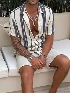 Two-piece Set Men's Striped Print Button Shirt & Shorts, Regular Fit Casual Short Sleeve Top & Shorts, Men's Summer Clothes for Outdoor Wear