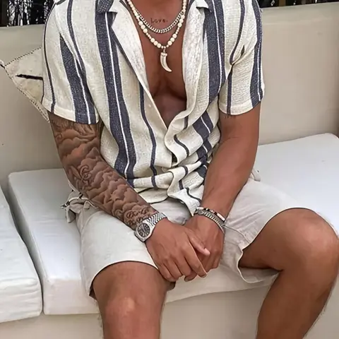 Two-piece Set Men's Striped Print Button Shirt & Shorts, Regular Fit Casual Short Sleeve Top & Shorts, Men's Summer Clothes for Outdoor Wear, Casual Fashion Set