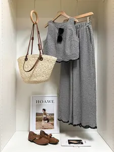 2 Piece Spring Summer Gingham Linen Outfit Set Women | Sleeveless Crop Top + High Waist Wide Leg Pants | Boho Cottagecore Old Money Style for Daily Vacation Beach Wear