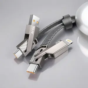 60W 4-in-1 USB-C Cable, PD 5A Fast Charging, Data Sync, USB-A, Type-C, Lightning, Aluminum, Compatible for iPhone 16/15, iPad, Samsung, Laptops