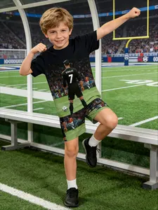 Boys Real Madrid Football Fan Outfit Set Summer CR7 Cristiano Ronaldo Real Madrid Number 7 Back View Champions League Stadium Fan Perspective Realistic Print Short Sleeve T Shirt + Shorts 2 Piece Set Kids Casual Sport Wear for School Daily Football Match