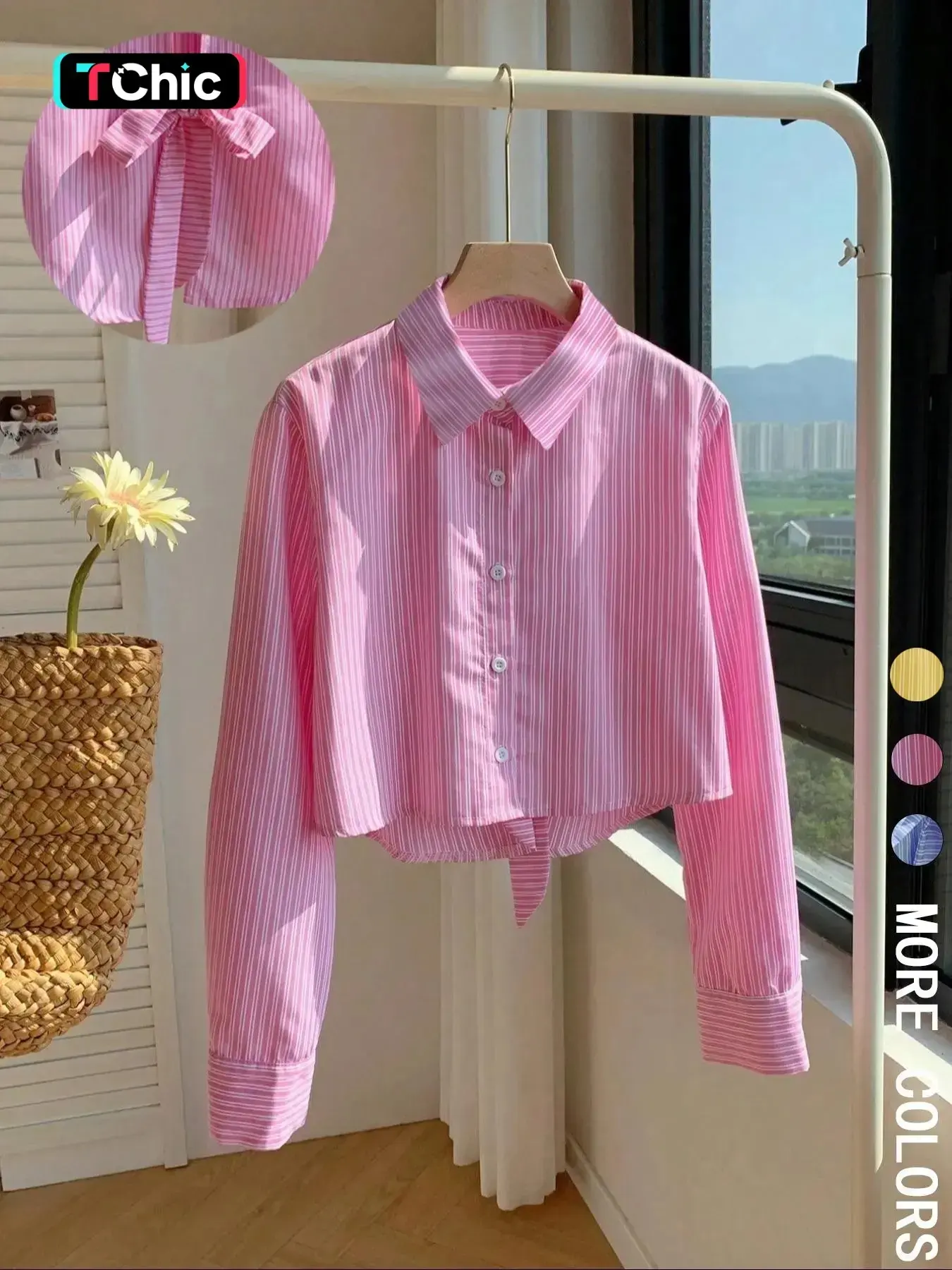 Women's Striped Print Shirt Blouse, Casual Long Sleeve Collared Top for Daily Wear, Ladies Clothes for All Seasons, Knot Button