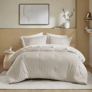 Super Listing AM10-0565 Woven Striped Comforter Set, Neutral - Queen Size