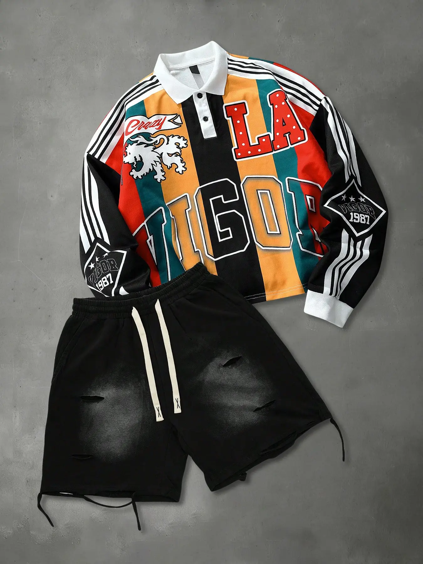 This men's two-piece Fitted set includes vintage snowflake-patterned shorts and a striped long sleeve pullover sweatshirt, featuring graphic, unisex design, American street style, Streetwear, fashion, Outfit, ideal for autumn and winter, Menswear