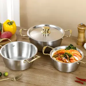 Three-Piece Stainless Steel Cookware Set, 18/20/22cm Sizes, Korean Dual-Ear Soup Pot, Japanese Hotpot, Durable Kitchen Utensils