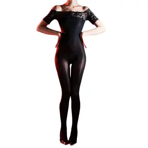 Sexy lace off-shoulder shiny bodysuit 5D ultra-thin tight-fitting shiny silky sheer full-body bodystocking