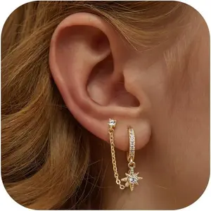 CASSIECA Double Earrings Stack for Women 14K Gold-plated Double Piercing Stud Earrings Stack 925 Silver  Hoop Earrings Stack with Chain Hypoallergenic Zirconia Silver Dangling Earrings Stack for Multiple Piercings StudEarrings Stack
