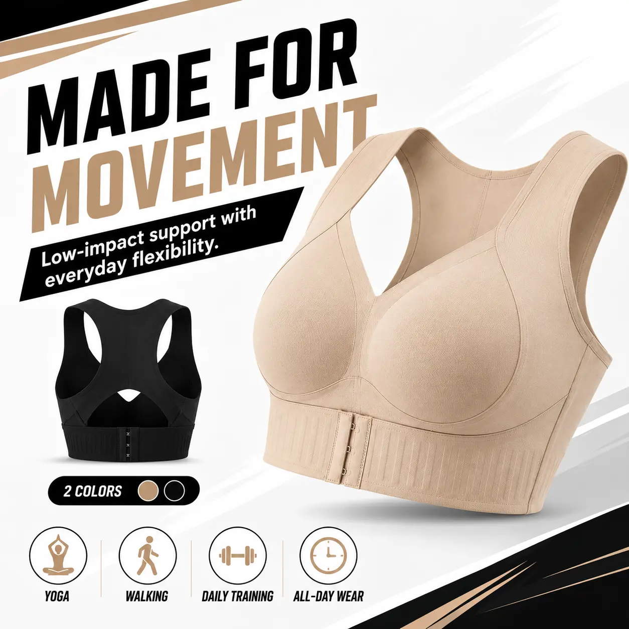 Women’s Wireless Support Bra, Front Closure Wide Strap Comfort Bra with Breathable Molded Cups, Everyday No Underwire Bra for Yoga, Gym & Daily Wear