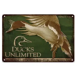 Metal  Signs  Vintage Ducks Unlimited Metal  Sign, 8x12 Inches, Silver  Wall Art Decor, Retro Hung & Fishing Theme, High-Quality HD Pring, Ideal for Home, Bar, Garage, Club, Wall-Mounted