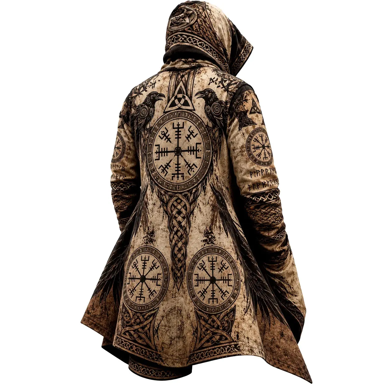 Viking Celtic Print Hooded Cloak Coat, Men’s Norse Rune Raven Dragon Mid Length Open Front Robe, White Lining