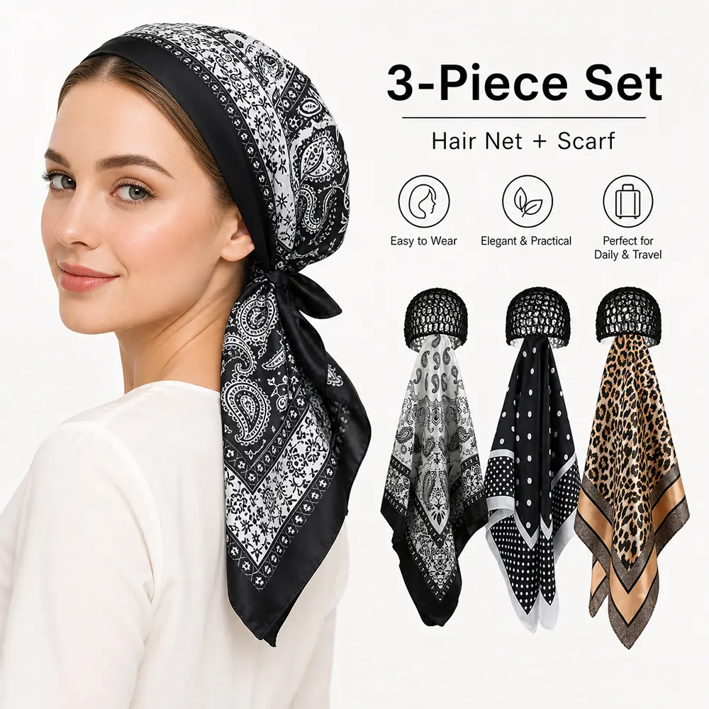 Women's 3-Pcs 2-in-1 Design Printed Fabric Wrap Net with Scarf - Heatless Bonnet for Hair Styling, Anti-Frizz Protection, Edge Control