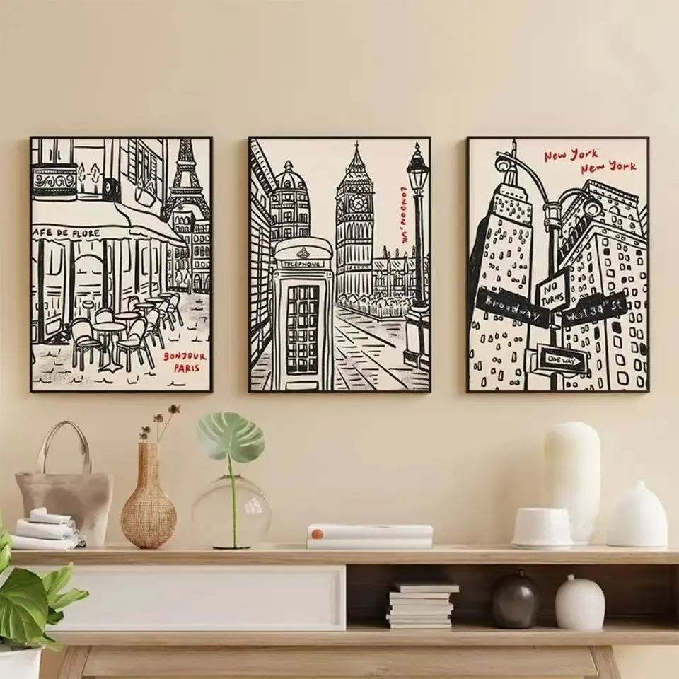 3pcs Bleeding Style Artistic London Paris New York Cityscape Print Poster Canvas Frameless Hanging Painting Printing Wall Art Living Room Modern Home Decoration