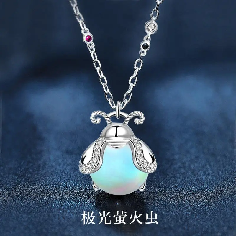 925 Sterling Silver Firefly Shape Necklace with Glowing Moonstone Pendant, Delicate Clavicle Chain for Women, Birthday Gift Ideas, Jewelry For Women