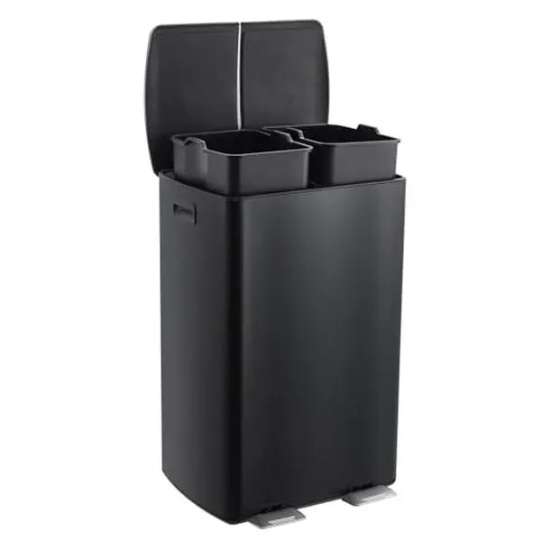 Commercial Dual Trash Can, 16 Gallon Stainless Steel Double Compartment Recycling Bin with Soft-Close Lids, Pedals & Plastic Inner Buckets, 60L Garbage Can for Kitchen, Home, Office, Black