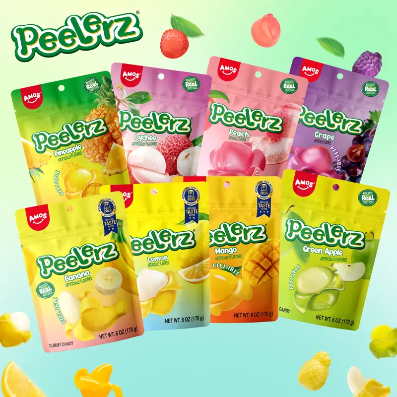 Amos Peelerz - Green Apple Lychee Mango Pineapple Peelable Fruit Gummies Made with Real Juice 8Pack Fruity Mix Sweet Crisp Exotic Candy Snack