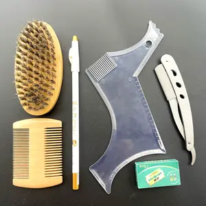Professional 6-in-1 Beard Grooming & Shaping Kit - Boar Bristle Beard Brush, Straight Razor, Barber Pencil, Comb & Scissors - Perfect DIY Edging Tool Set for Men Stainless Steel