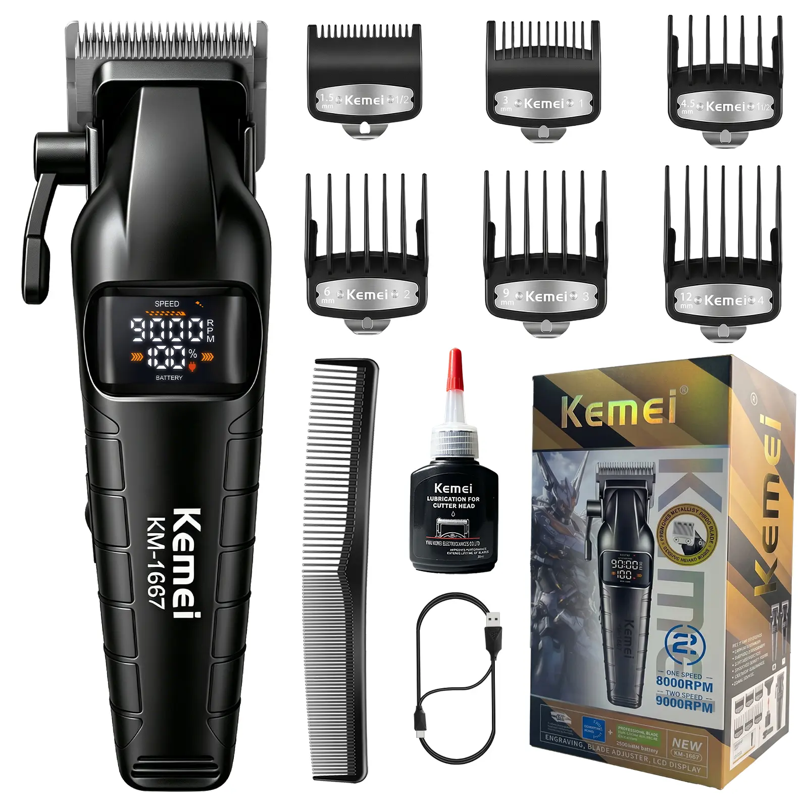 KEMEI 1667 Professional Hair Clipper for Men, Cordless Hair Cutting Machine, Rechargeable Barber Clipper for Hair, Beard and Home Grooming, Ideal Holiday Gift for Men