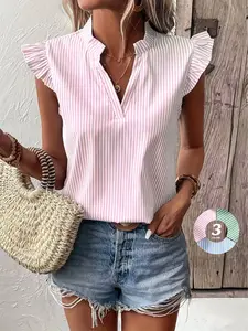 Women's Striped Ruffle Sleeve Blouse, V Neck Notched Collar, Casual Loose Fit, Medium Length, All Seasons, Office & Vacation Top
