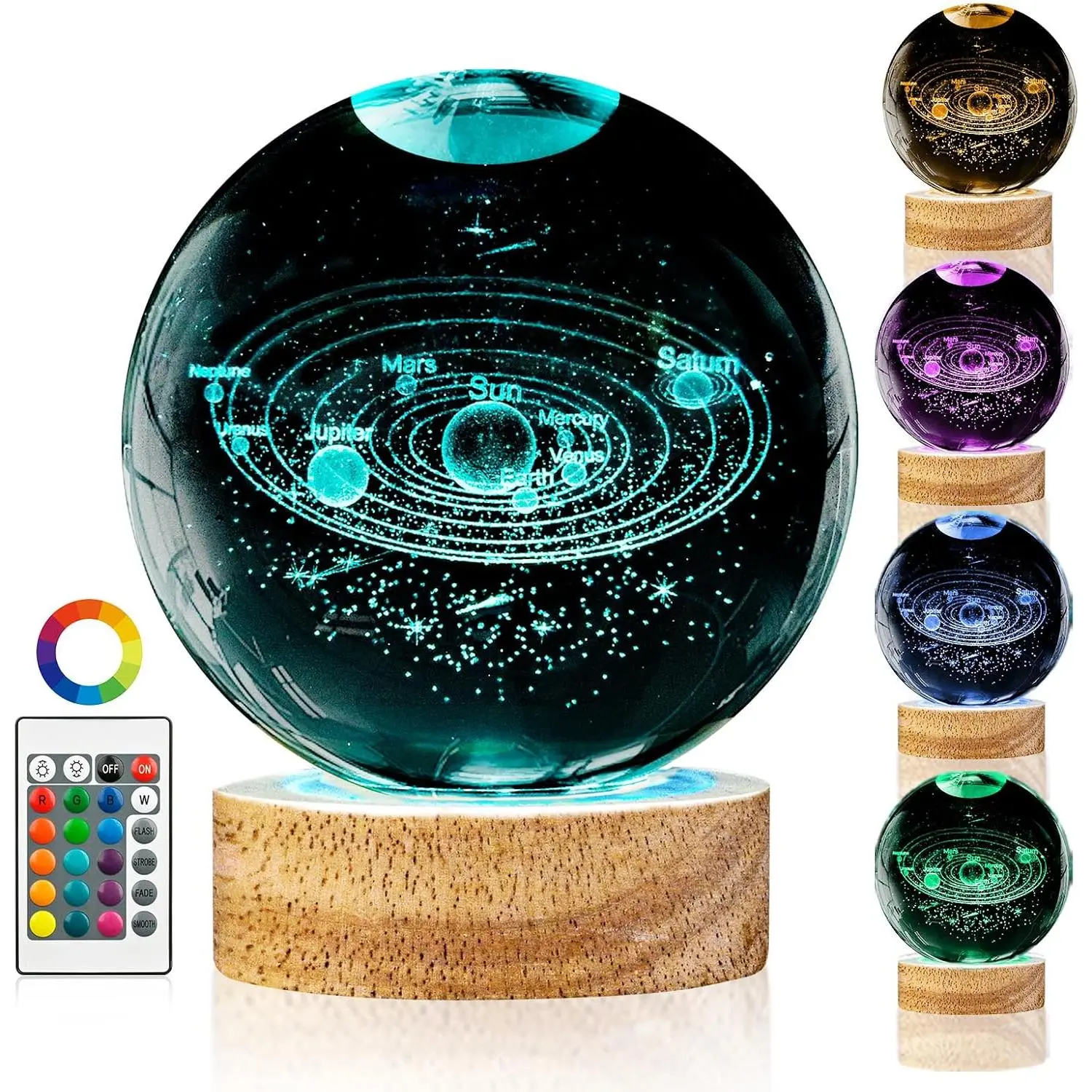 3D Solar System  Ball Night Light with 16 Color Wooden LED Base Upgraded 3.15 In Galaxy  Ball Lamp with Remote for Birthday Christmas, Astronomy Space Gifts for Boys Girls