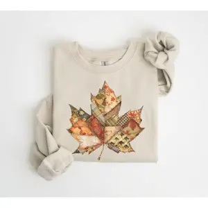 Retro Patchwork Fall Leaf Sweatshirt, Vintage Autumn Hoodie, Classic Pumpkin Pullover Sweater, Cozy Cute Womens Fall Sweatshirt Gift For Spooky Season And Cozy Season Hoodie Style