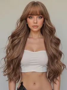 Fashionable New 30 Inch Long Curly Brown Wigs with Bangs, Synthetic Women's Curly Hair Wigs for Ordinary Work, Life, Dance Parties and All Occasions