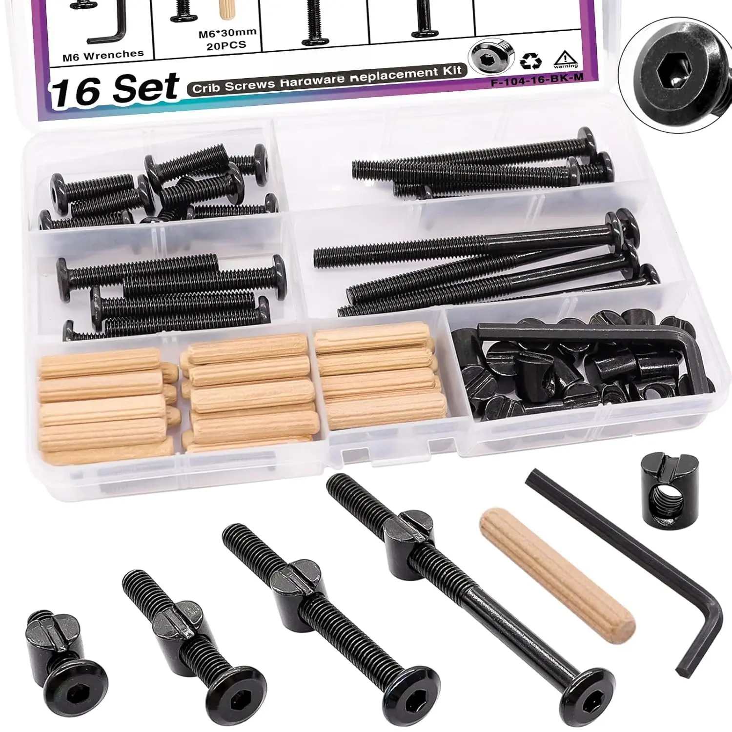 16 Set  Screws M6x20mm/ 40mm/ 60mm/ 80mm  Bed   Hardware  Kit,Hex Socket Cap Screws Bolt,Barrel Nuts&Dowel Pins for Beds Furniture